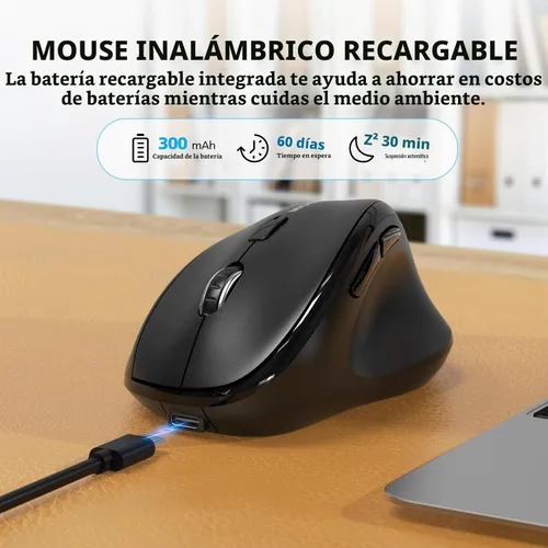 Vista 4 de Ratón inalámbrico Bluetooth ergonómico vertical para computadora portátil, MacBook, iPad, tableta, recargable, silencioso, clic, USB, túnel Negro