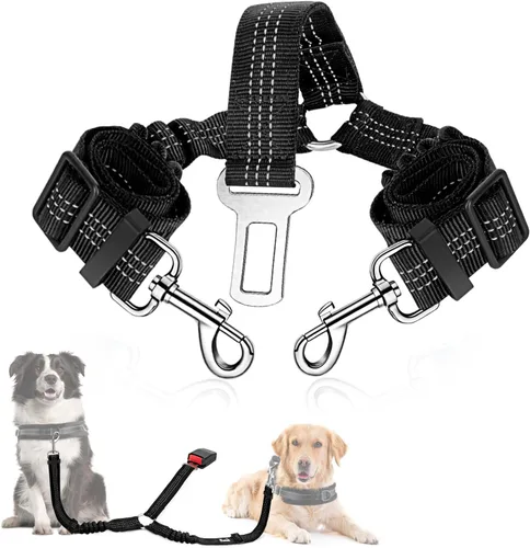 Vista 21 de SlowTon Cinturón de seguridad para perro, cinturón de seguridad doble para perro, correa de seguridad ajustable para vehículo con amortiguador