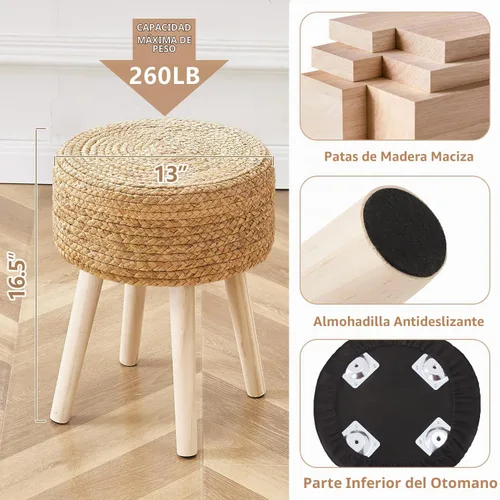 Vista 5 de Cpintltr Taburete otomano redondo con patas de madera maciza, reposapiés de jacinto tejido a mano, taburete para sala de estar, balcón, jardín