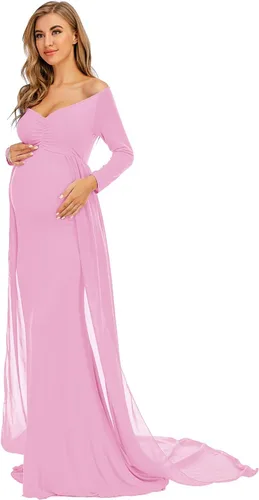Vista 2 de ZIUMUDY Vestido de maternidad de manga larga con hombros descubiertos, vestido de gasa para sesión de fotos, baby shower