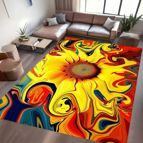 Vista 11 de Alfombra hippie de girasol, 3 x 4 pies, alfombra floral abstracta, alfombra multicolor brillante, antideslizante, fácil de limpiar, para entrada