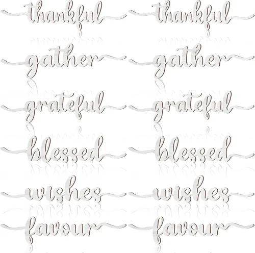 Vista 15 de 12 piezas de letreros de madera con palabras navideñas recortadas "Joyful Merry Thankful Grateful Blessed Peace Gather" para decoración de plato