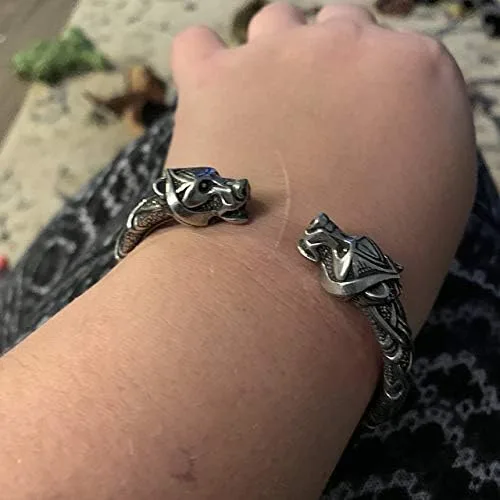 Vista 5 de Pulsera de cuervo vikingo de Odin's Ravens Hugin & Munin Wolf Berserker brazalete bolsa de joyería