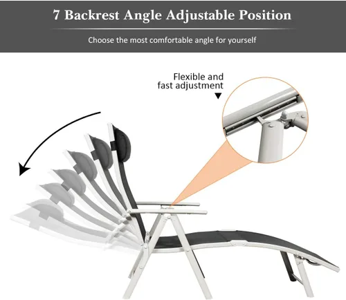 Vista 8 de COSTWAY 2 sillas reclinables plegables para exteriores, ligeras y ajustables de 7 engranajes, con almohada para el cuello, sin montaje, ideal