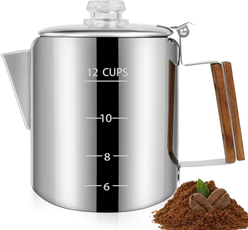 Vista 10 de Percolador de 6 Tazas de Acero Inoxidable 304 Cafetera Máquina de Café con Mango de Madera Sólida Perilla Transparente Estufa Greca Mocha