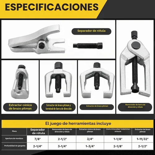 Vista 2 de Kit Separador de Rótula Extractor de Brazo Pitman 5 en 1, Juego de Herramientas de Extremo de Barra de Acoplamiento, Kit de Extracción Separador