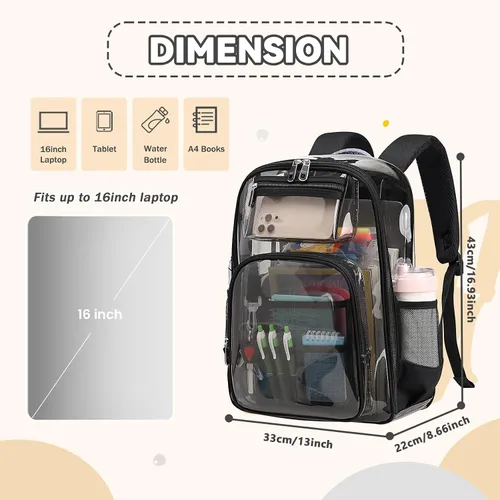 Vista 9 de Mochila transparente TPU resistente, mochila escolar aprobada por estadios, control de seguridad rápida transparente, Negro-semitransparente