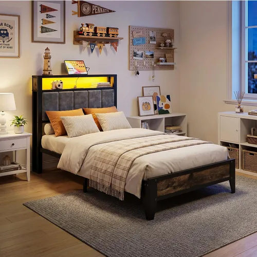 Vista 8 de OLEVS Base de cama individual con cabecera de almacenamiento con luz LED y estación de carga tipo C, base de cama de plataforma metálica