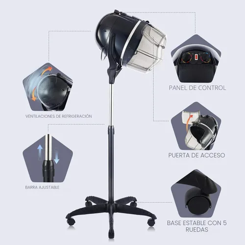 Vista 9 de Secador de pelo profesional Y-NOT con altura ajustable, casco con soporte de pie con ruedas para salón de belleza y spa en casa