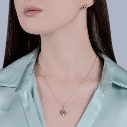 Vista 3 de Enchanted Disney Fine Jewelry - Colgante de plata de ley y oro rosa de 10 quilates de 16 quilates, topacio azul suizo y amatista Disney Elsa, Metal