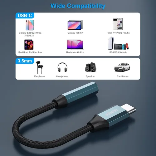 Vista 5 de BENFEI Adaptador USB C a conector de audio con chipset DAC, USB-C a auriculares hembra de 0.138 in compatible con iPhone 15 Pro Max/15 Pro/15