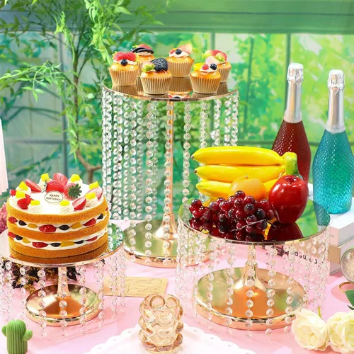 Vista 5 de Juego de 6 soportes de metal para tartas con colgante de cristal, plato redondo para exhibición de postres, pedestal para bodas, fiestas