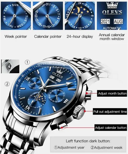 Vista 4 de OLEVS Relojes automáticos para hombre, esqueleto Tourbillon, mecánico, cuerda automática, de lujo, moda, reloj, fase lunar, fecha, luminoso