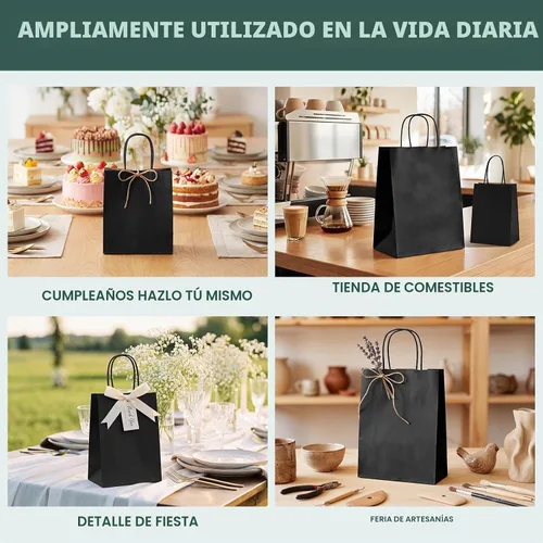 Vista 8 de METRONIC Bolsas de regalo de papel negro de 8 x 4.25 x 10.5 pulgadas, paquete de 100 bolsas de compras medianas de papel kraft con asas