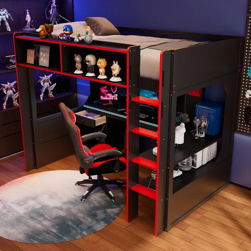 Vista 11 de Harper & Bright Designs Cama loft para juegos con escritorio integrado y luces LED, marco de cama de madera tamaño individual con cajón