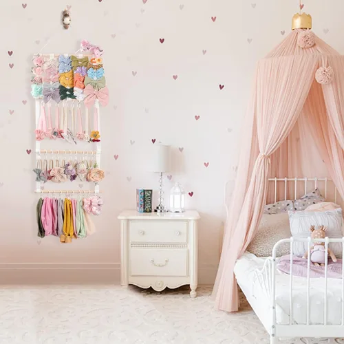 Vista 6 de POVETIRE Organizador de lazos para el pelo con soporte para diadema para niñas, organizador de almacenamiento para diademas y accesorios para bebé