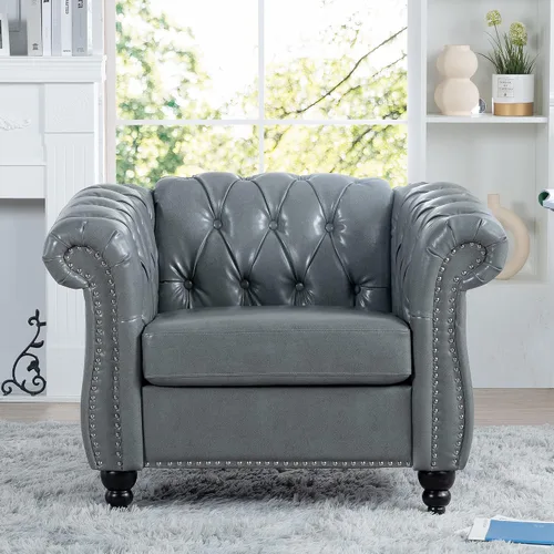Vista 15 de Muebles de sofá Chesterfield de tela de 85 pulgadas, sofá tapizado con respaldo copetudo, brazo enrollable, sofá Chesterfield clásico para sala