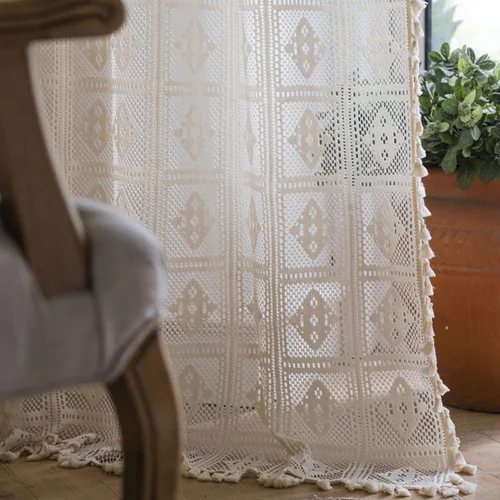 Vista 5 de Bringsine - Cortinas de crochet bohemias de algodón para sala de estar, cortinas de ventana para dormitorio con oscurecimiento, cortina
