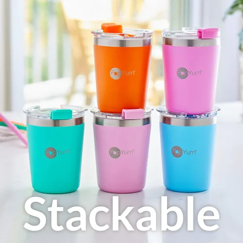 Vista 7 de PopYum - Vasos de acero inoxidable para niños, 9 onzas, morado, rosa, paquete de 2 Aislado, aspiradora de doble pared, tapa y pajilla, apilable, a