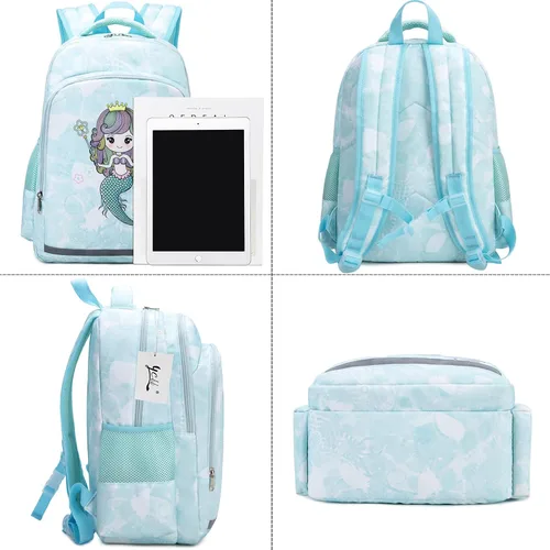 Vista 2 de YCBB Juego de mochilas escolares para niñas, azul, (Blue Mermaid), Mochila, compatible, viaje