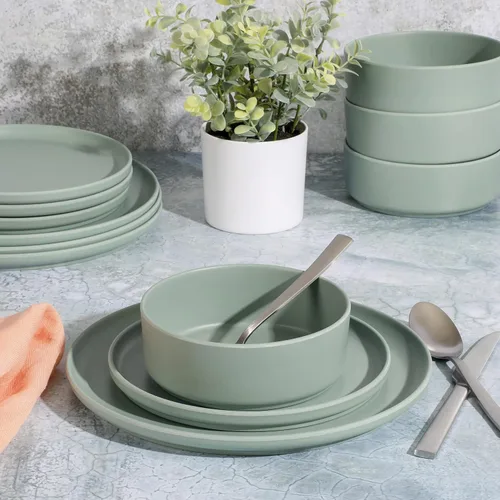 Vista 5 de Gibson Home Canyon Crest - Juego de melamina mate apilable - Verde salvia, servicio para cuatro (12 piezas)