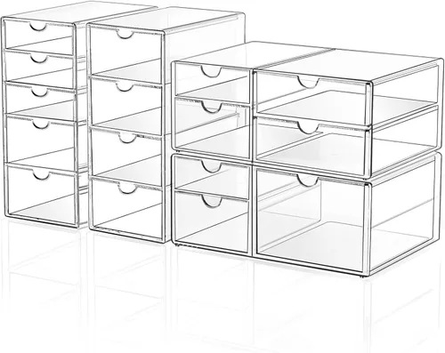 Vista 7 de Organizador de almacenamiento para cajones de maquillaje con 13 cajones, juego de 3 organizadores acrílicos para escritorio de oficina