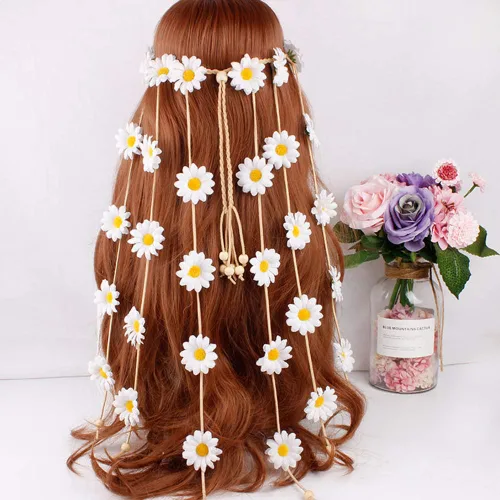 Vista 4 de WLBON Diadema de girasol de Halloween, hippie bohemio, margarita, diadema, corona, corona floral, diadema para mujer, boda, vacaciones, festival