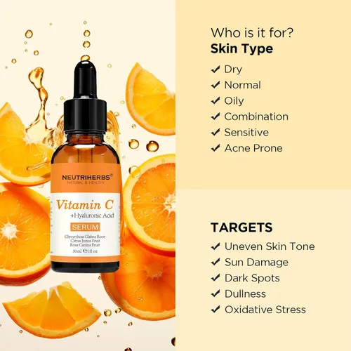 Vista 7 de NEUTRIHERBS Suero de vitamina C para la cara con ácido hialurónico, firme, antienvejecimiento, ilumina, uniforme, piel, cuidado diario de la piel