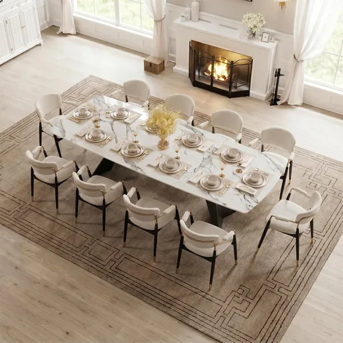 Vista 11 de Honyee Mesa de comedor de piedra sinterizada, mesa de comedor extensible con hojas, parte superior rectangular de aspecto de mármol, asientos 6-12