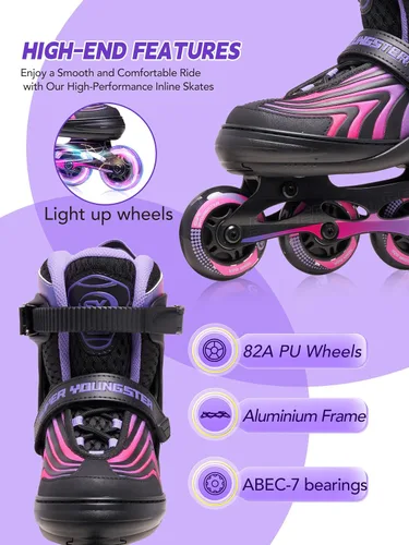 Vista 5 de SUPER YOUNGSTER Patines en línea para niñas, niños y niños de 4 a 12 años, patines ajustables con luces para jóvenes y adolescentes de 8 a 12 años