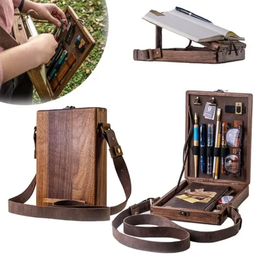 Vista 2 de Bolso mensajero de madera hecho a mano de cuero convertible, mochila mensajero de un hombro de 8.6 x 7 x 2.3 pulgadas, bolsa de mensajero unisex