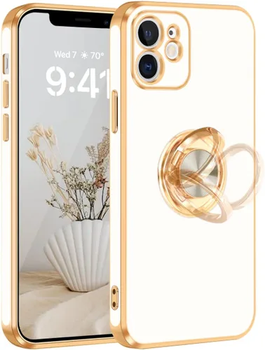 Vista 13 de Fingic Funda para iPhone 12 con Soporte de Anillo, [Soporte de Anillo Giratorio de 360° Magnético con Base] [Borde Dorado Brillante con Enchapado]