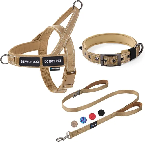 Vista 8 de Annchwool Arnés para perro sin tirones, juego de collar y correa reflectante resistente - Correa para perro con doble asa y clip de cinturón