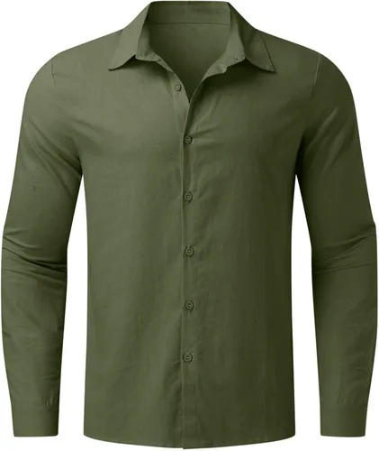 Vista 4 de Camisa de lino verde para hombre de verano algodón lino liso casual talla grande holgada cuello extendido manga larga Verde ejército L