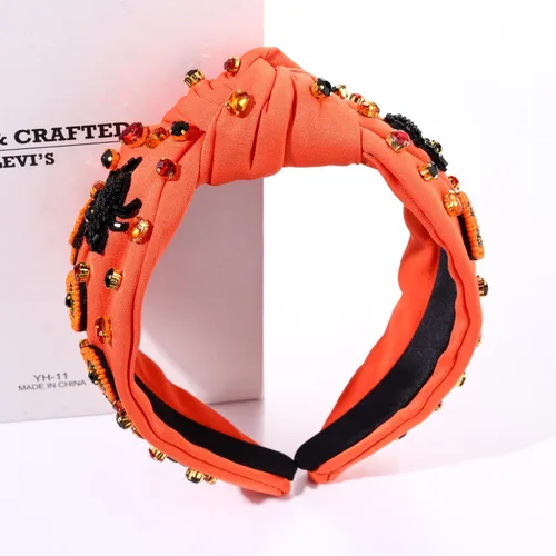 Vista 2 de MOLOCH Diadema de Halloween espeluznante calabaza caramelo maíz anudado diadema joya cristal adornado diadema negro disfraz de Halloween accesorios
