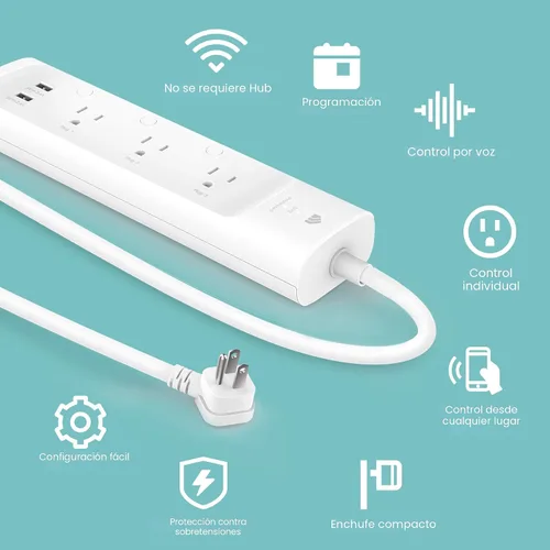 Vista 4 de kasa smart Regleta de alimentación KP303, protector de sobretensiones con 3 tomas inteligentes controladas individualmente y 2 puertos USB, funciona