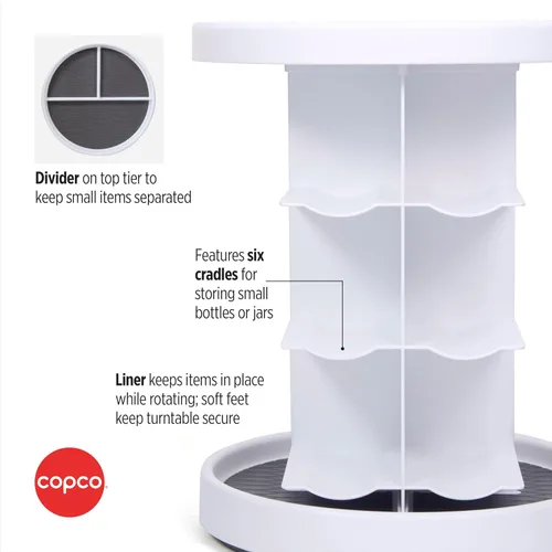 Vista 3 de Copco Tocadiscos de vitaminas de 2 niveles blanco y gris con 6 cunas para vitaminas, suplementos, etc. con agarre antideslizante y capas apiladas