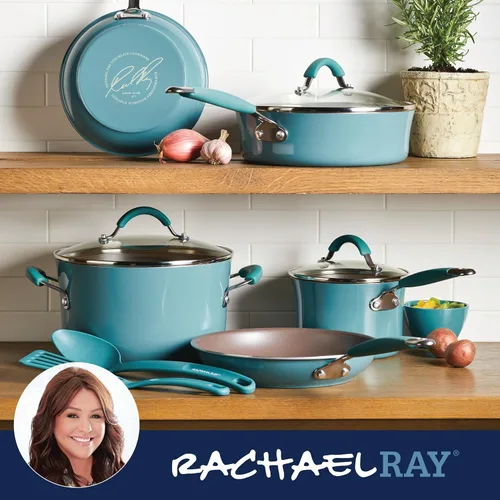 Vista 7 de Rachael Ray Cucina - Juego de ollas y sartenes antiadherentes, 10 piezas, color azul agave