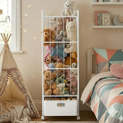 Vista 2 de Almacenamiento para Animales de Peluche, Soporte de Animales de Peluche de Metal con Cajón de Tela y Ruedas Organizador Vertical Alto de Juguetes