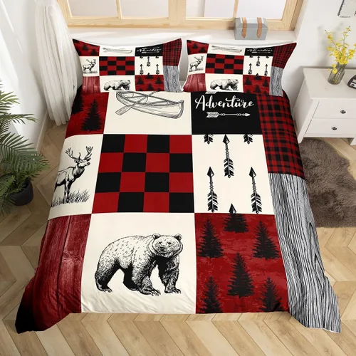 Vista 35 de Funda de edredón de cabaña marrón retro, juego de ropa de cama de retazos con diseño de oso del bosque, ciervos para cabaña rústica, funda de Multi