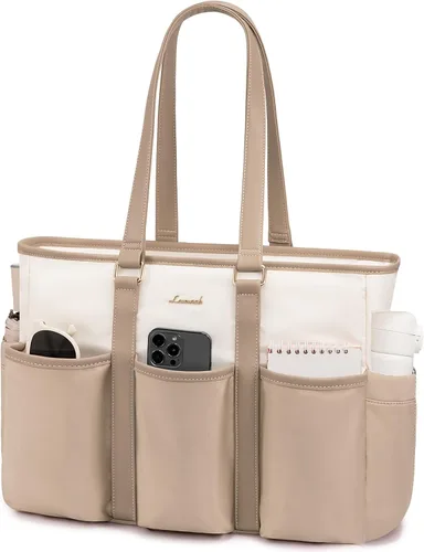 Vista 19 de LOVEVOOK bolso tote vintage para laptop para mujer, Beige-Negro, 15,6 pulg., Moda