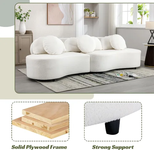 Vista 6 de Moderno sofá tapizado de terciopelo de cordero de 103.9 pulgadas, sofá modular de 4 asientos con 3 almohadas largas y 3 almohadas redondas para sala