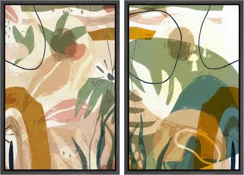 Vista 11 de IDEA4WALL Lienzo Enmarcado Impreso Arte de Pared Set Paisaje de Hojas de Palma de Selva de Mediados de Siglo Naturaleza Silvestre Ilustraciones Arte