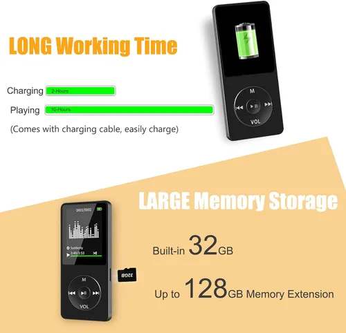 Vista 3 de Reproductor de MP3 con Bluetooth y altavoz, reproductor de música MP3 de 32 GB, extensión de almacenamiento de hasta 128 GB, reproductores MP3