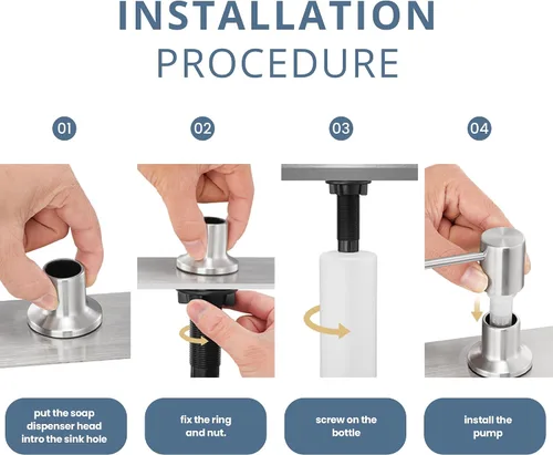 Vista 4 de SBEN Juego de dispensador de jabón de cocina empotrado (botella recargable grande de 17 oz incluida) - Dispensador de jabón de acero inoxidable