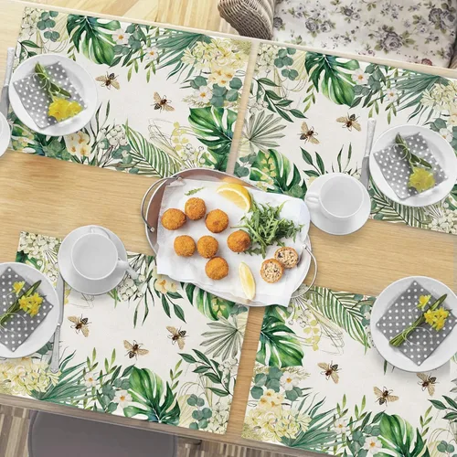 Vista 6 de Seliem Juego de 4 manteles individuales florales con plantas tropicales, primavera y verano, hojas de palma, flor de Monstera, abeja, manteles