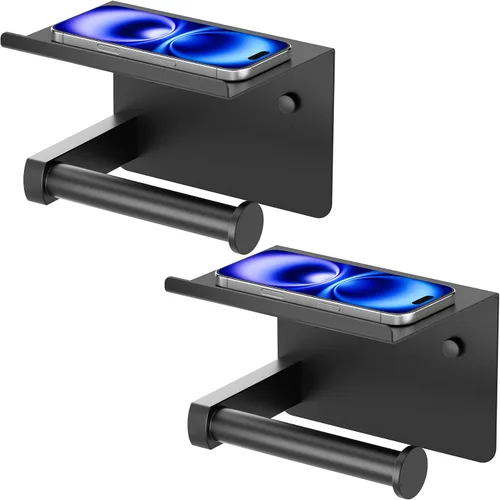 Vista 10 de Portarrollos de papel higiénico con estante, montaje en pared adhesivo o con tornillos, portarrollos de papel higiénico para baño, dispensador