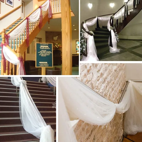 Vista 6 de Camino de mesa de organza transparente de 394 x 53 pulgadas para festones de boda, cenefa de recepción, cortina de telón de fondo, rollos de tul
