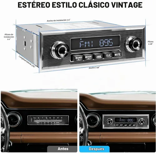 Vista 2 de Radio retro vintage para vehículo clásico – Estéreo de coche Bluetooth de un solo DIN con AM FM USB AUX EQ subwoofer salida RCA