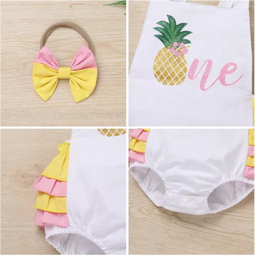 Vista 4 de IMEKIS Conjunto de ropa para bebé niña de primer cumpleaños con diadema de verano para sesión de fotos